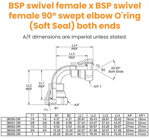 1/4 BSP F/F 90° Swept Soft Seat O-ring Hydraulic Adaptor